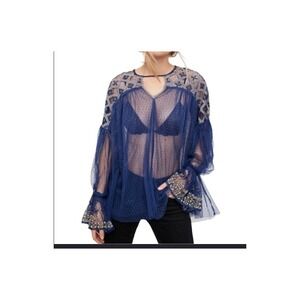 Free People Joyride Embroidered Long Sleeve Tulle Navy Sheer Tunic Boho Top S
